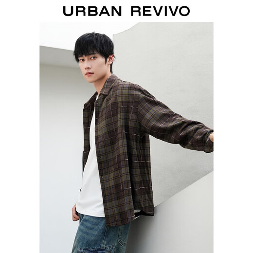 UR star same style 2026 spring new men's trendy velvet plaid cardigan shirt UUV250027 dark brown green plaid S