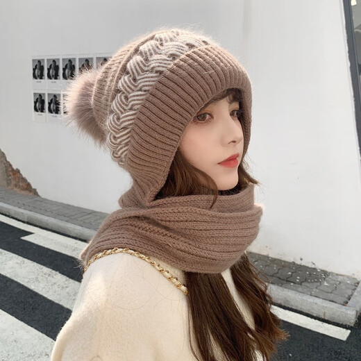 JKASHDK hat and scarf all-in-one women's velvet thickened woolen hat ear protection fashionable knitted hat cycling versatile anti-small label hairband orange adult one size plus velvet thickening