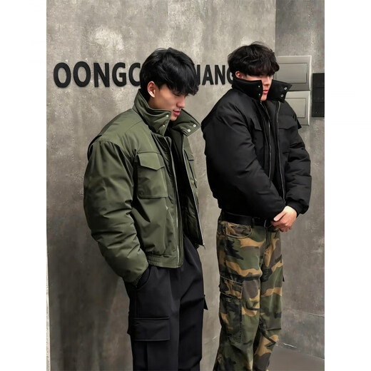 XUANSENTU American short high-collar light cavalry cotton coat men's autumn and winter tough guy wear work clothes stand-up collar jacket cotton coat A233-S378 black cotton coat upgraded version 2XL