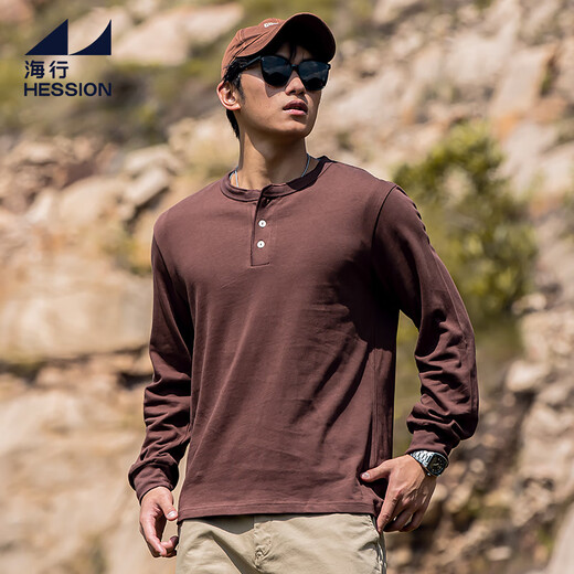 Hai Xing Henry Collar Long Sleeve T-Shirt Men's 2025 Autumn New Solid Color Casual Bottoming Shirt Men's Simple Loose Top Brown S