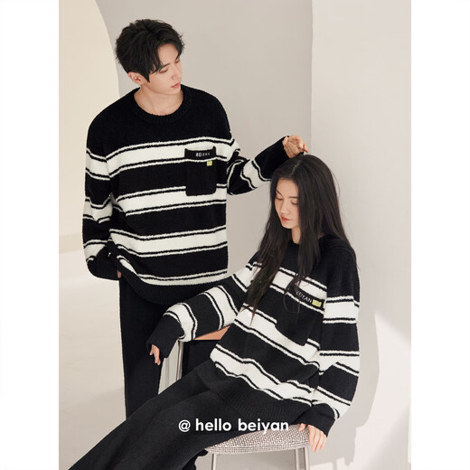 Beiyan Half Velvet Couple Pajamas for Men and Women New Autumn and Winter Striped Coral Velvet Warm Home Clothing Casual Outerwear Suit F60621 Men's L