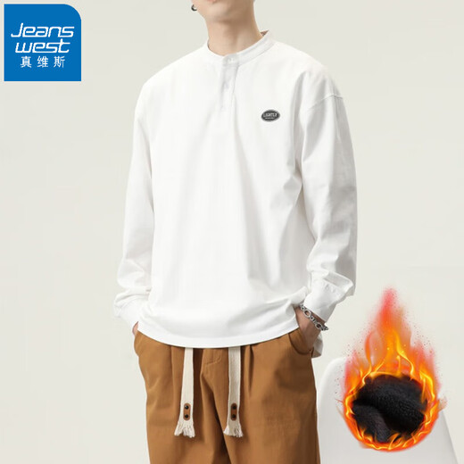 Jeanswest Autumn heavyweight pure cotton Henley collar long-sleeved T-shirt men's spring and autumn sweatshirt American bottoming men's polo shirt top trendy white plus velvet L suitable for 130-145Jin Jin equals 0.5 kg