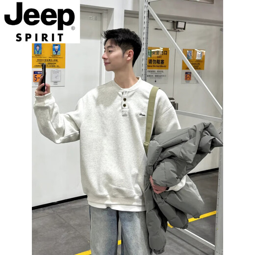 JEEP SPIRIT Henry collar sweatshirt men's spring and autumn hoodless American cleanfit bottoming shirt loose trendy long-sleeved T-shirt with spring dark gray upgraded model XL 130 to 145Jin Jin equals 0.5 kg can be worn