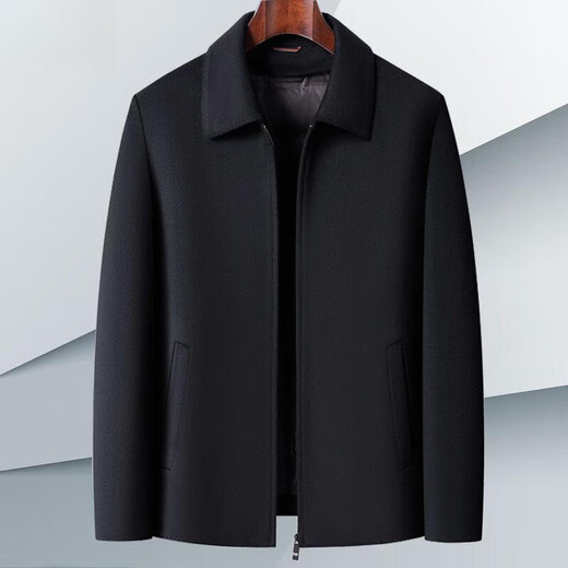 恒源祥高端羊绒夹克男秋冬季商务翻领羊毛大衣短款休闲毛呢外套男 黑色 XXS 175码建议125-135斤
