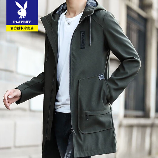 Playboy Men's Mid-Length Windbreaker Jacket Autumn and Winter New Korean Style Handsome Cotton Clothes Casual Velvet Thickened Coat Jacket Black Velvet XL