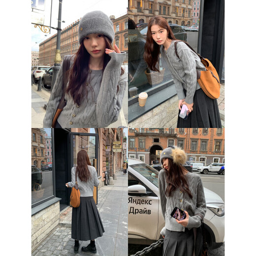 Pusumede autumn tribe round neck twist sweater cardigan women's long-sleeved sweater jacket temperament top apricot ready M