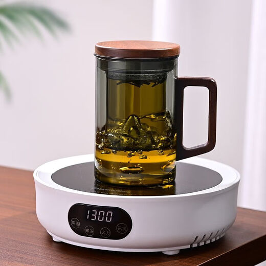 High temperature resistant tea separation cup glass tea cup walnut handle mountain cup household water cup business cup office cup gray wooden handle mountain cup 450ml