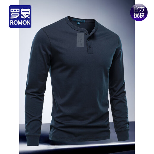 ROMON Men's Henry Collar Long Sleeve T-shirt Round Neck 2025 Spring and Autumn New Cotton Comfortable Versatile Top Trendy Bottoming Shirt White S Weight 90~120Jin Jin is equal to 0.5 kg
