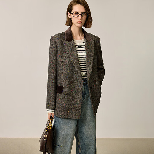 LILY2025 new winter style wool retro Maillard colorful dot velvet waist temperament commuter suit jacket for women 710 coffee M