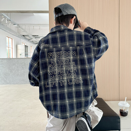 Xizai Pier Children's Clothing Boys' Shirts Spring and Autumn New Style Medium and Large Boys Casual Plaid Shirt Cardigan Thin Jacket Versatile and Trendy Navy 160