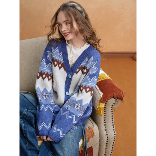 Two or Three Things Long Island Vacation 2025 Winter New Retro Appliqué Embroidered Geometric Color Block Sweater Cardigan Women's Loose Nostalgic Blue-y S