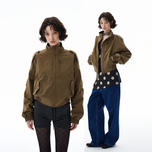 Weilang's store autumn American retro cool style short jacket women's design high-end niche windbreaker jacket green ready for delivery on the same day S