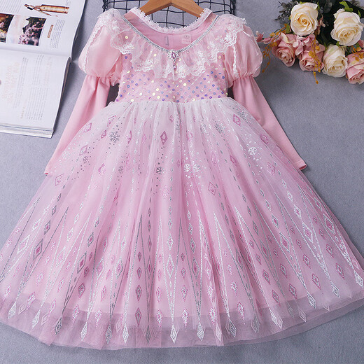 Girls long-sleeved dress spring and autumn Korean style ice and snow dress new Princess Elsa children's performance costume party forest style long-sleeved dress with bow veil 110