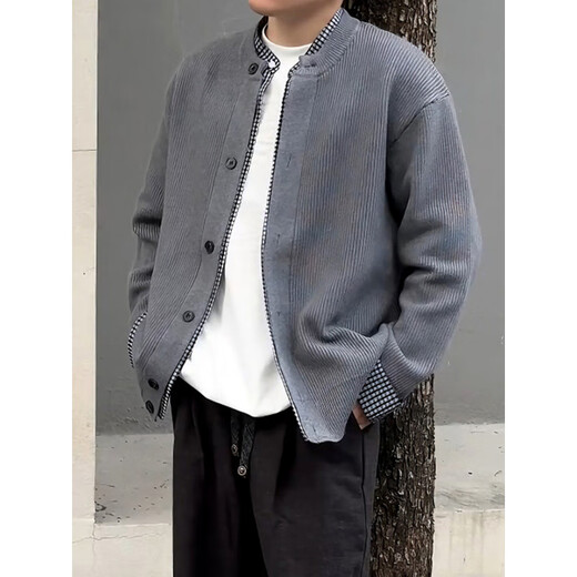 XUANSENTU fake two-piece plaid patchwork sweater loose lazy style cardigan jacket men's Henry collar American retro sweater black L