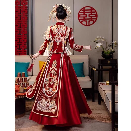 Yuandi Xiuhe dress bride 2025 new wedding Chinese style toasting dress small dragon and phoenix gown autumn tassel Xiapei upgraded version free butterfly headdress M