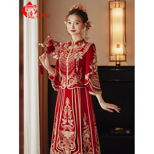 
Yifen Mengyi Velvet Xiuhe Clothing 2025 New Wedding Wedding Dress Chinese Bride Clothing Dragon Phoenix Gown Wedding Clothing Chinese Style Autumn Handmade Bead Flower Heavy Industry-Velvet Style S