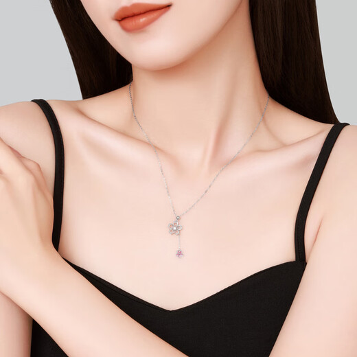 Chao Acer Platinum Sakura Platinum Diamond Necklace for Women PT950 Neck Accessories Chain Pendant Brilliant Birthday Gift for Girlfriend Chain Length Approximately 45cm