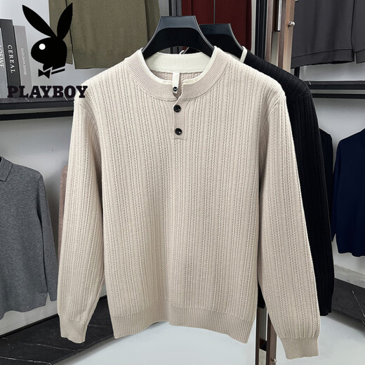 Playboy cleanfit henley collar sweater men's autumn and winter loose inner sweater lazy style fake two-piece off-white L