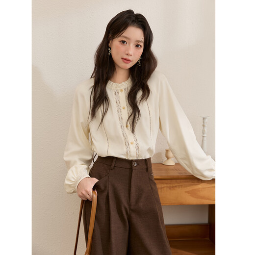 Mystery Rice Apricot Velvet Feeling Shirt Women's 2025 Autumn and Winter New Women's Fungi Stand Collar Top Retro Loose Shirt Apricot Rice M