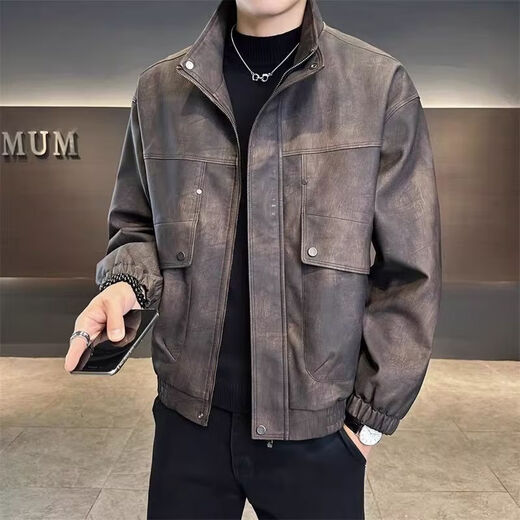Autumn new leather jacket men's stand-up collar jacket trendy brand handsome retro distressed short versatile leather jacket top trendy coffee color 3XL recommended weight 145-160Jin Jin is equal to 0.5 kg