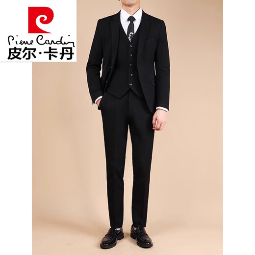Pierre Cardin suit men's slim business formal casual Korean suit jacket groomsmen groom wedding dress men's single-button black four-piece suit suit + pants + shirt + vest one-word bag 50