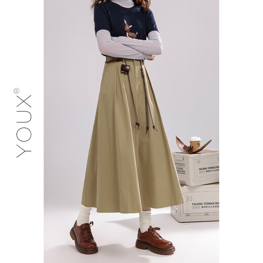 Youxiang Amber Cold Light Khaki Skirt Women's 2025 Autumn New High Waist Slim A-Line Skirt Umbrella Skirt Khaki Belt L L