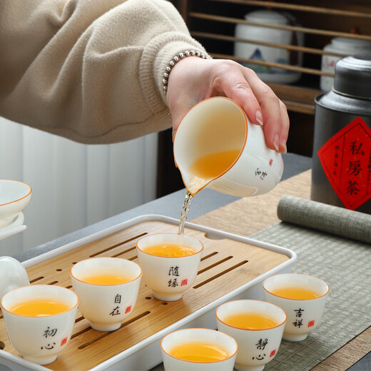 Kanglepin Kung Fu Tea Set Chinese White Mutton Fat Jade Porcelain Travel Tea Set Household Ceramic Tea Cover Bowl Tea Cup Tea Tray Mutton Fat Jade-Zen Character Travel Tea Set