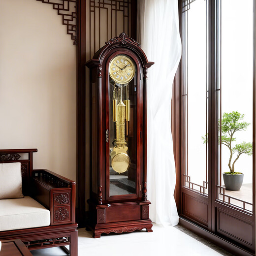 Honghe Tianyuan place solid wood floor clock with official hat for villa living room high-end pendulum clock and hall clock with flowers on the bottom. Mahogany color, basswood, pattern on the base. Polaris upgraded movement 40 days, sledgehammer swing more grand.