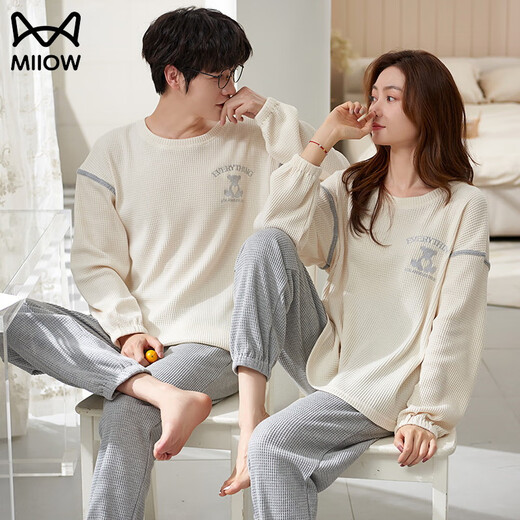 MiiOW Couple Pajamas Spring and Autumn Women's Autumn and Winter Long-Sleeved Pants Set Simple and Loose Men Can Wear Outside Home Clothes H7100 XL Women