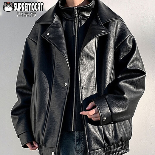 My Emperor Cat Autumn and Winter American New Style Retro PU Leather Lapel Casual Jacket Men's Fake Two-piece Jacket WJ13 Black L