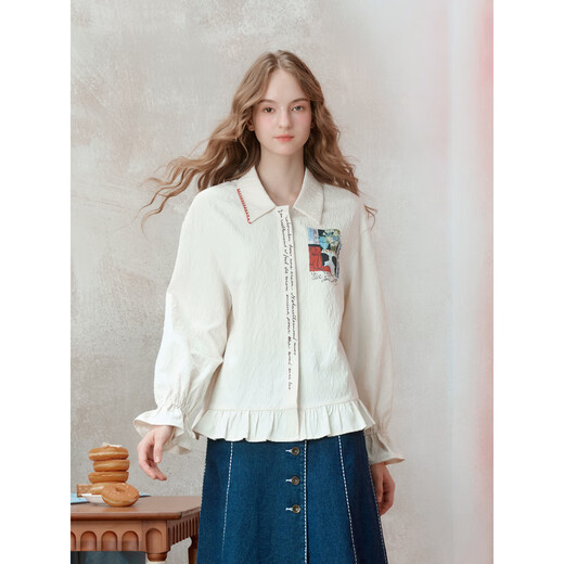 Two or Three Things Chasing the Wind Diary 2025 Winter New Style Literary Style Ruffled Hem Embroidered Placket Printed Shirt for Women Apricot S