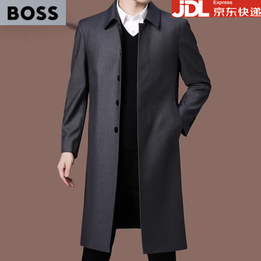 BOSS lapel windbreaker men's spring and autumn long business casual middle-aged knee-length men's thin jacket navy blue 4XL 195 (suitable for 190-205 Jin Jin equals 0.5 kg)