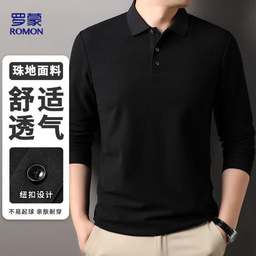 ROMON long-sleeved T-shirt men's POLO lapel solid color top bottoming shirt business casual inner wear for men black XL