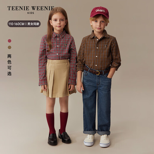 Teenie Weenie Kids 25th Autumn Boys and Girls College Long Sleeve Plaid Shirt Burgundy 120cm
