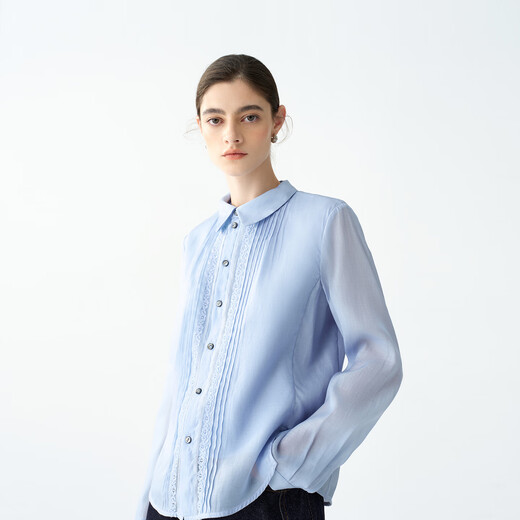 EIN PURE Relaxed silk cotton blue lace accordion lapel long-sleeved shirt for women 2025 autumn new style light blue S