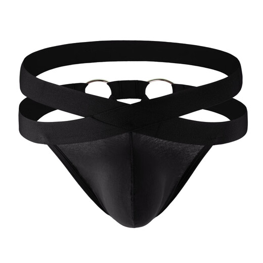 Long Night Men's Metal Ring Elastic Double Belt Thong U-convex Sexy Hollow Cotton Underwear M (See detailed description for details) Black