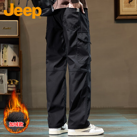 JEEP Jeep pants men's winter warm fleece pants straight overalls men's loose multi-pocket casual pants black XL