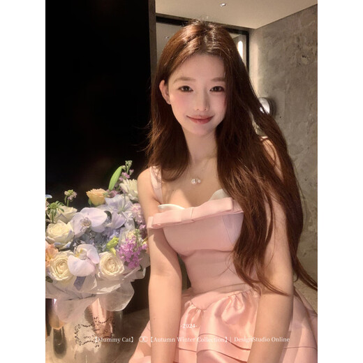 ACJKMummyCat laying cat kitten ears bow stitched imitation silk fur princess day dress cherry blossom pink L