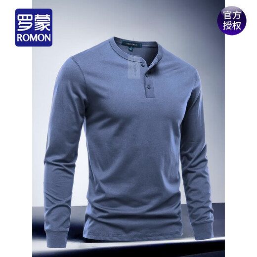 ROMON Men's Henry Collar Long Sleeve T-shirt Round Neck 2025 Spring and Autumn New Cotton Comfortable Versatile Top Trendy Bottoming Shirt White S Weight 90~120Jin Jin is equal to 0.5 kg