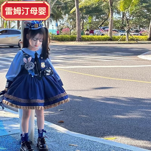 Remtin Rabbit Police Officer Lolita Girls Princess Dress Children's Spring and Autumn Dress Girls Judy Clothes Dress Only Shirt + Skirt 100