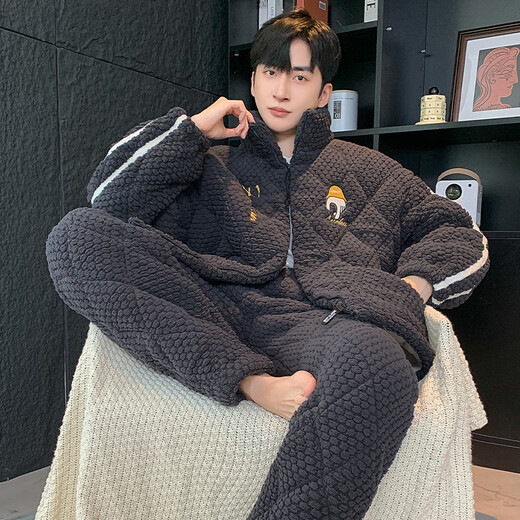 Langsha pajamas men's winter thickened plus velvet three-layer quilted warm home clothing outer wear large size suit