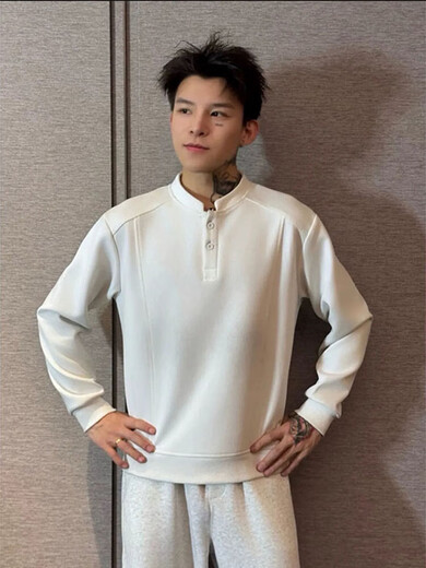 Yingtang Deconstructed Shoulder Sweatshirt Men's Spring and Autumn American Henley Collar Polo Shirt Heavy Loose Jacket LHFS-CX8 Black M