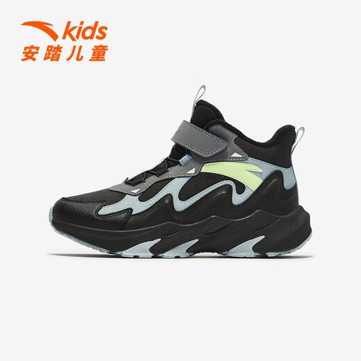ANTA children's cotton shoes new winter style for boys, middle and large children, comfortable cushioning, non-slip Velcro, warm casual shoes, sports shoes, black/thin blue/cold gray-2 33