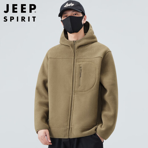 JEEP SPIRIT Jeep jacket men's autumn and winter trendy loose double-sided polar fleece hooded jacket men's top Khaki XL