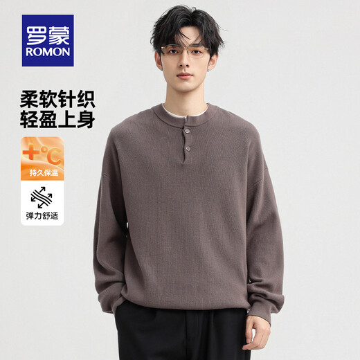 ROMON Men's Henry Collar Sweater 2025 Autumn and Winter New Classic Business Casual Solid Color Comfortable and Versatile Sweater for Men Gray Apricot L Recommended 120-135 Jin Jin equals 0.5 kg