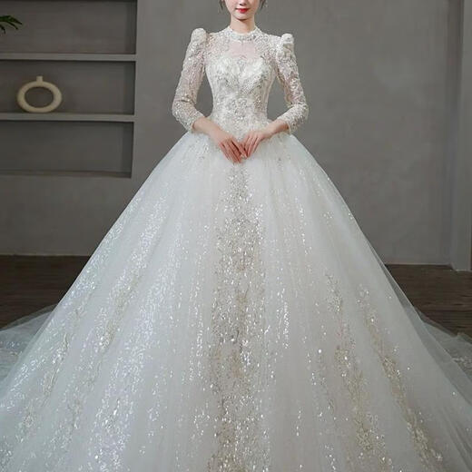 Wei Lianmenglan Wedding Dress 2025 Bride's Main Wedding Dress Long Sleeve Outlet Dress French Heavy Industry Retro Lace Palace Style Welcome Ceremony Dress Floor-length Style + Veil Support M