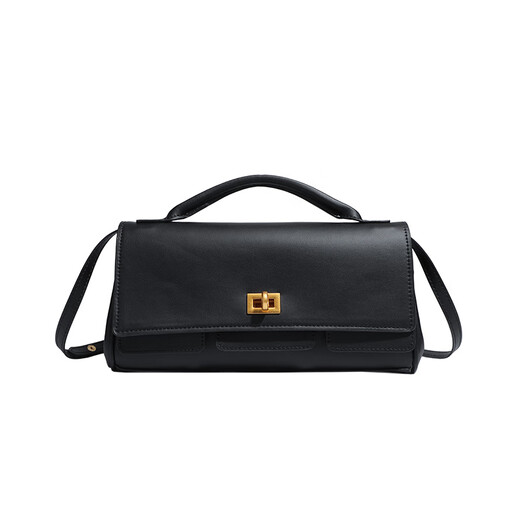 MOSPOKE light luxury brand genuine leather bag women's bag handbag horizontal small square bag lock bag baguette handbag shoulder bag oblique black gold buckle