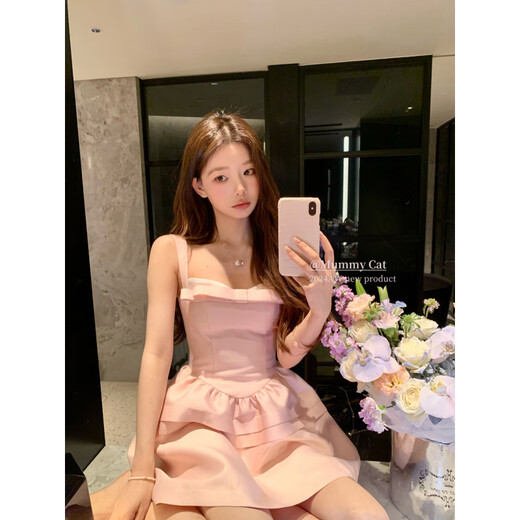 ACJKMummyCat laying cat kitten ears bow stitched imitation silk fur princess day dress cherry blossom pink L