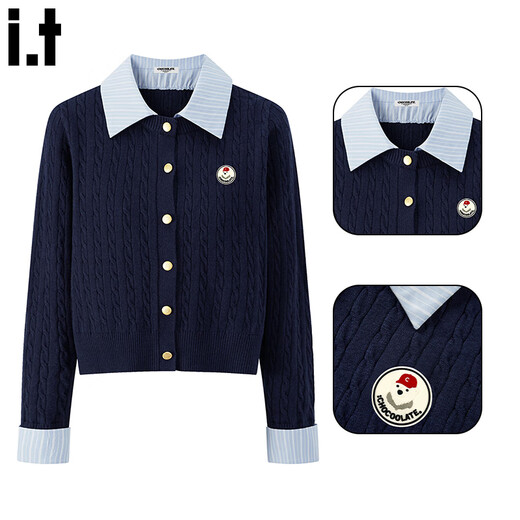 CHOCOOLATE it women's wool college style gray fake two-piece knitted cardigan for women 2025 autumn and winter spliced sweater jacket for women dark blue one size