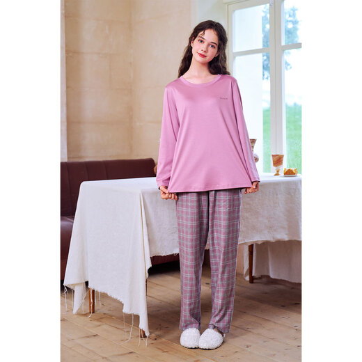 American Standard New Long Sleeve Couples Pure Cotton Pajamas for Women Spring and Autumn Simple Casual Plaid Cotton Wearable Outerwear Home Clothing Suit for Men Edelweiss Blue 3XL